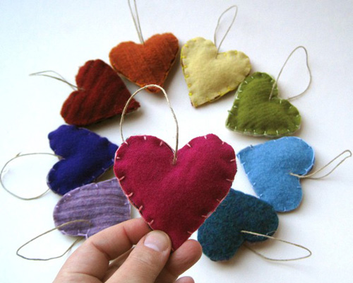 Recycled rainbow heart ornaments